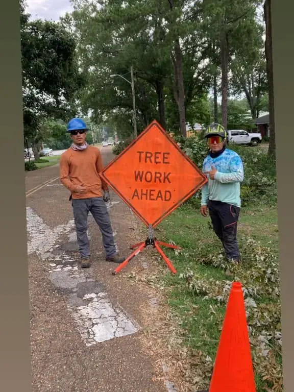 Crew setting up a tree work ahead sign before starting a job